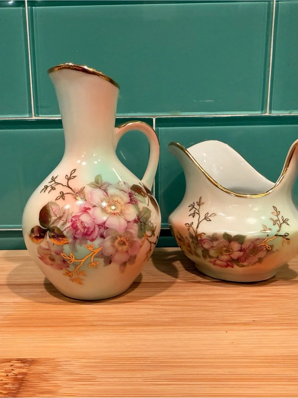 Vintage Bavaria Floral Porcelain Creamer and Pitcher Set in White with Gold Trim